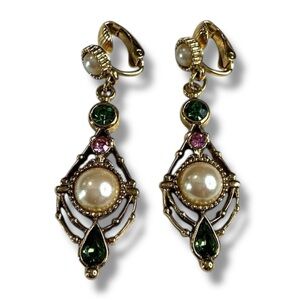 Vintage Gold Toned Faux Pearl Rhinestone Drop Dangle Clip On Earrings